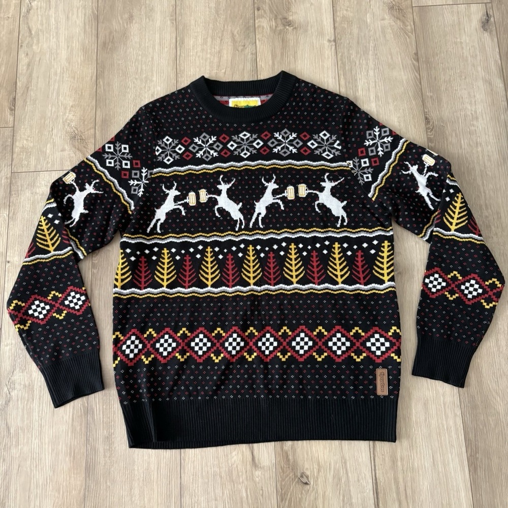 Tipsy Elves Sweater Mens XL Black Reindeer Beer Fair Isle Ugly Christmas‎